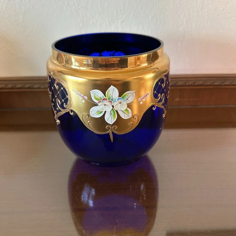 VTG Egermann Bohemian/Czech Cobalt Blue Vase Gold Gilded Enameled 3D Flowers 6.5